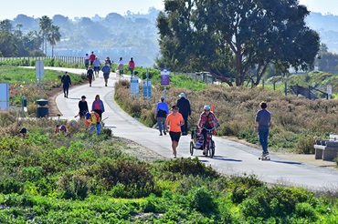 A dozen people walk, jog, and ride bikes on a separated bikeway surrounded by greenery. 