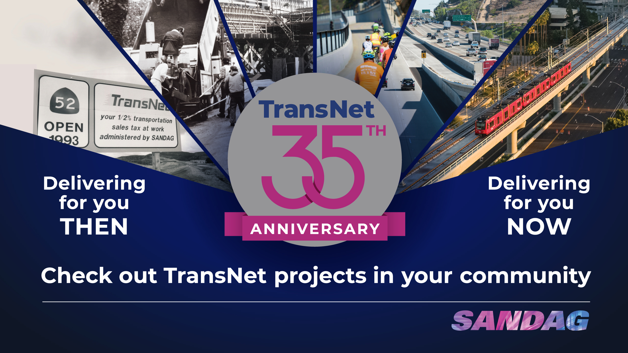 A video montage of various SANDAG TransNet projects, including road construction, people using the Trolley, wildlife and landscapes, and people riding bikes.