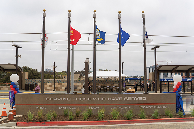 The VA Medical Center Trolley Station incorporates several features that pay tribute to those who have served, including flags representing the five U.S. Military branches. (June 23, 2021)