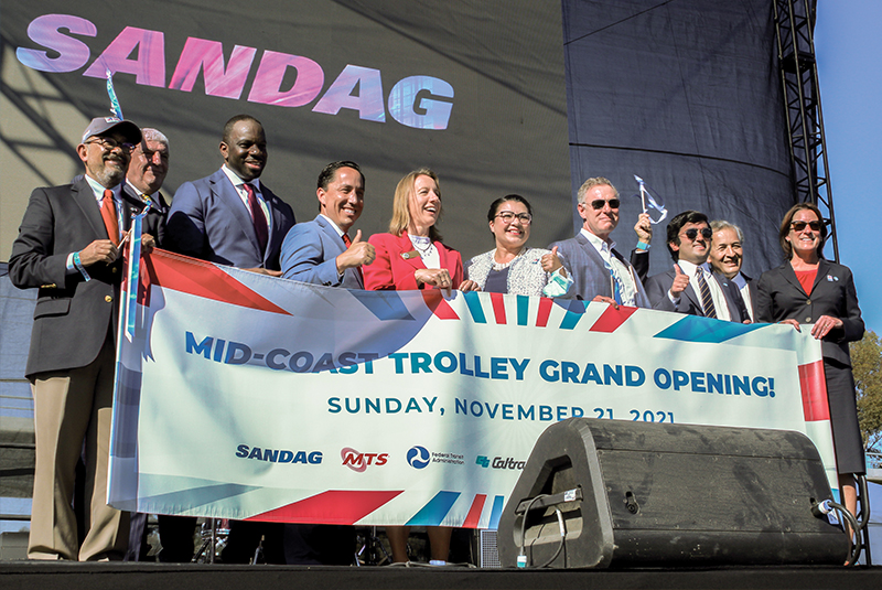 Pictured from left to right: Consul General of Mexico Carlos González Gutiérrez, SANDAG CEO Hasan Ikhrata, Caltrans Director Toks Omishakin, SANDAG Vice Chair and San Diego Mayor Todd Gloria, SANDAG Chair and Encinitas Mayor Catherine Blakespear, MTS Vice Chair/SANDAG Second Vice Chair and National City Mayor Alejandra Sotelo-Solis, Congressman Scott Peters, UC San Diego Associated Students President Manu Agni, Congressman Juan Vargas, and MTS CEO Sharon Cooney