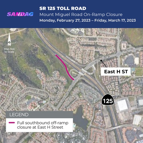 Overhead map of Chula Vista with SR 125 Toll Road off-ramp at East H Street marked closed
