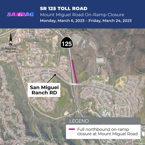overhead map of SR 125 Toll Road Mount Miguel Road On-Ramp Closure