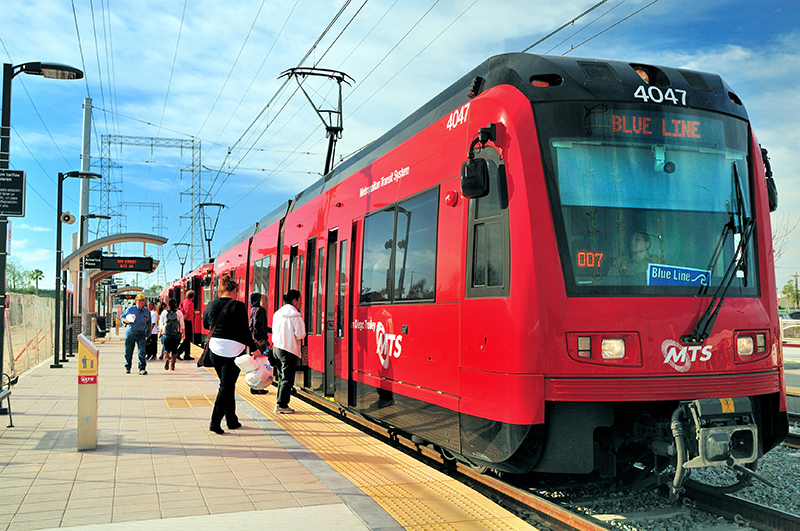 An MTS Blue Line Trolley parked at the enhanced 8th Street Station.