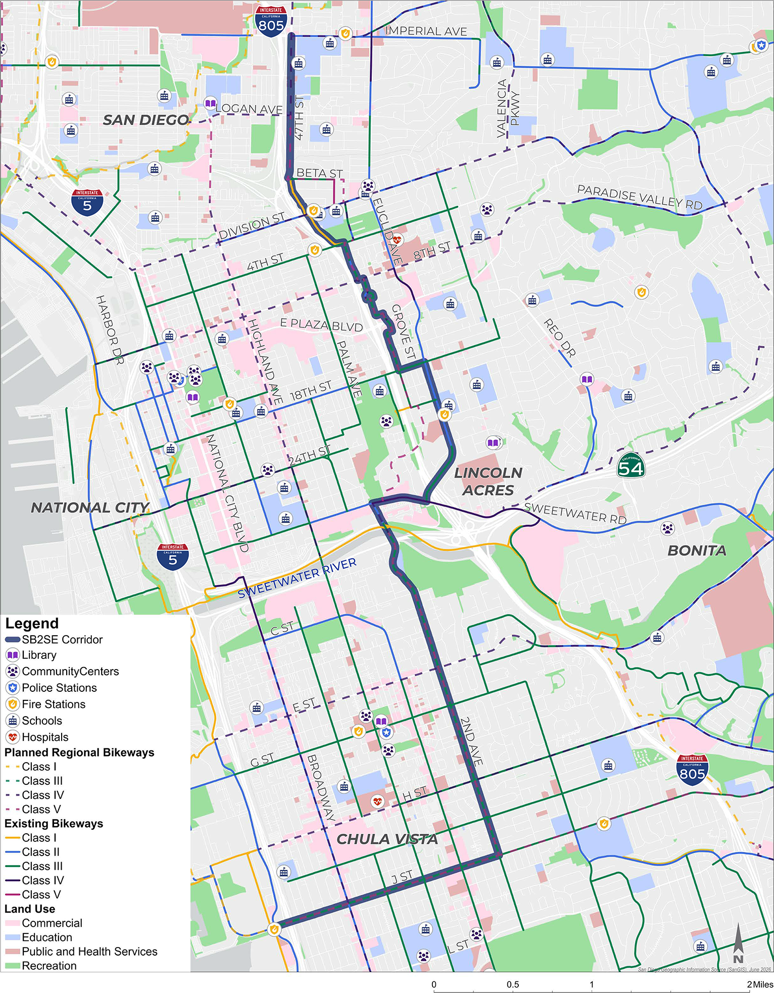 Project map for the South Bay to Southeastern Complete Streets project showing locations of community resources, land use, bike lanes, and a blue line over the corridor starting at I-5 and J Street in Chula Vista, turning north onto 2nd Avenue, then east onto Sweetwater Road, north onto Euclid Avenue, west on 18th Street, and north parallel to I-805 up to Imperial Avenue.