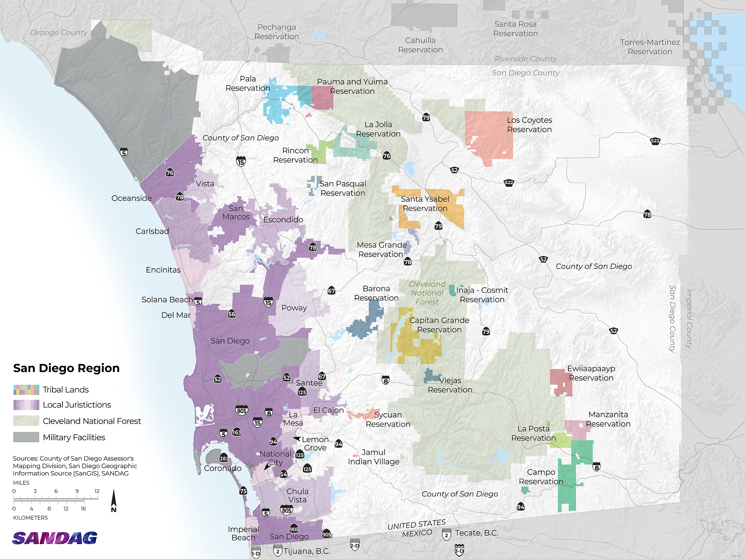 Map of San Diego Region depicting the 18 Tribal Lands, Local Jurisdictions, Cleveland National Forest, and Military Facilities.