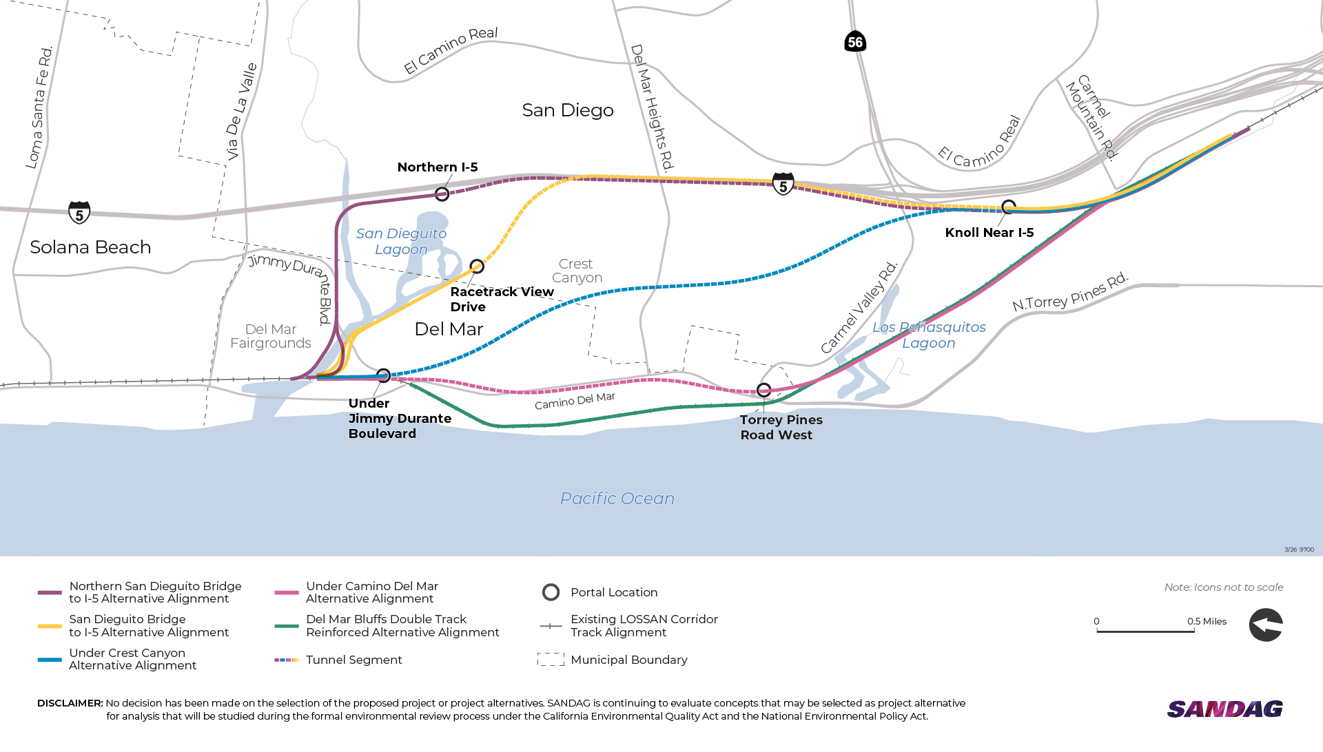 Map of five project alternative alignments. Map shows five routes including Northern San Dieguito Bridge to I-5, San Dieguito Bridge to I-5, Under Crest Canyon, Under Camino Del Mar, and Del Mar Bluffs Double Track Reinforced in relation to the existing LOSSAN Corridor track alignment. Northern San Dieguito Bridge to I-5, San Dieguito Bridge to I-5, Under Crest Canyon, and Under Camino Del Mar include tunnel sections. Five portal locations include Northern I-5, Under Jimmy Durante Boulevard, Racetrack View Drive, Torrey Pines Road West, and Knoll Near I-5.