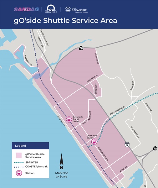 gO'side Shuttle service area map covering north of Vista Way up to the 76. From the furthest west on Pacific Street up to the I-5, with some areas north off of Mission Avenue and Canyon Drive.