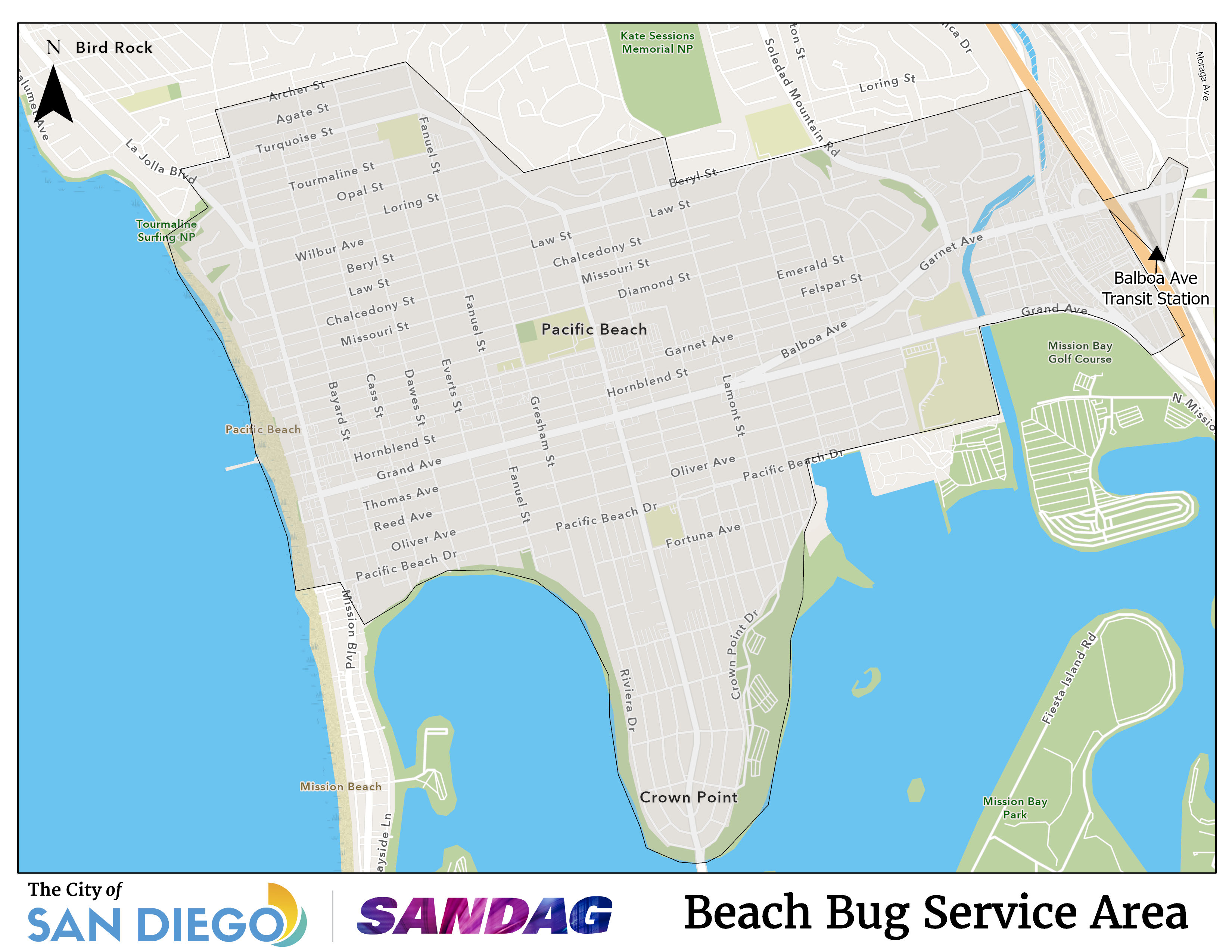 Overhead map of the Beach Bug service area, which covers the Pacific Beach neighborhood from the coast to Balboa Station