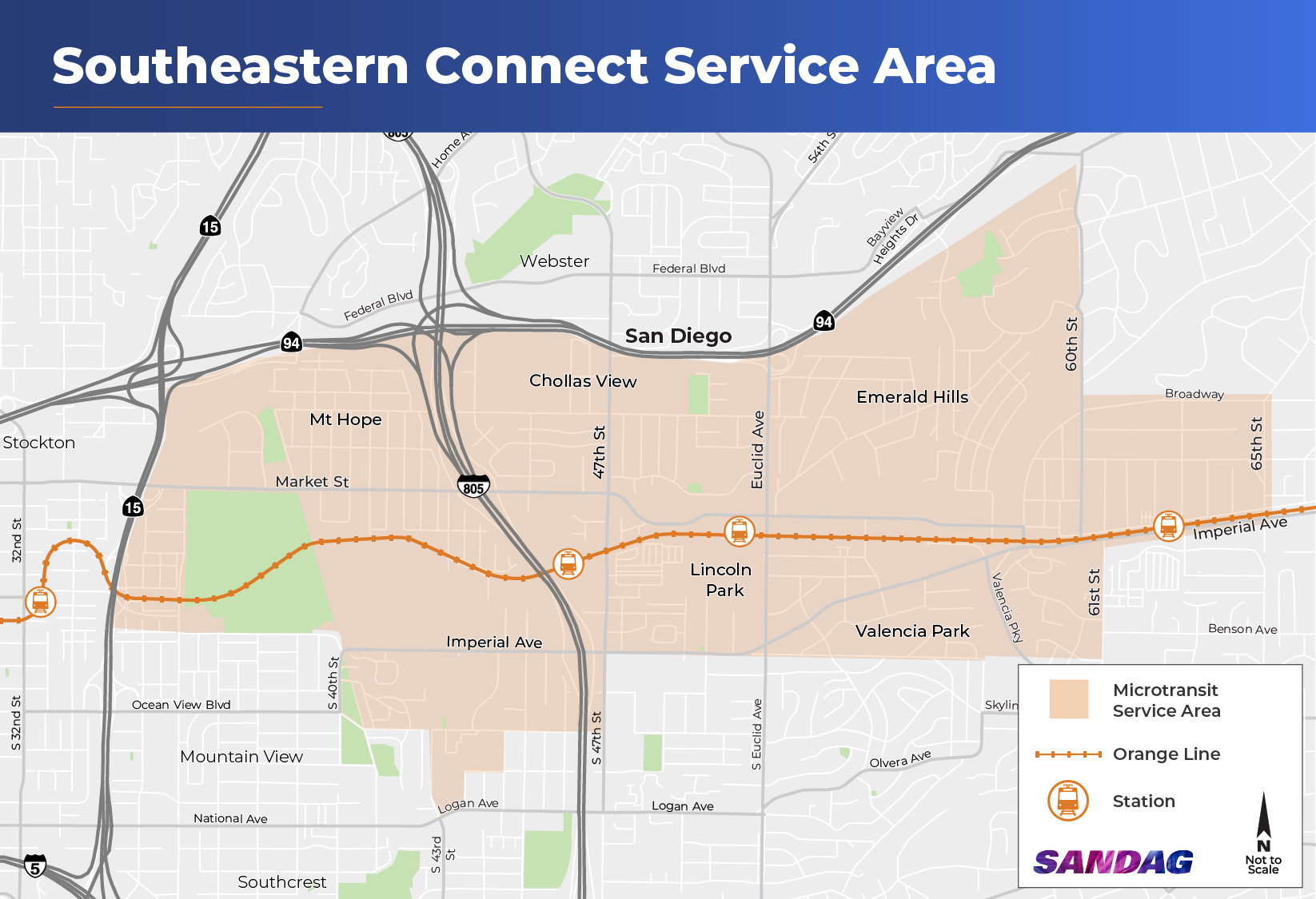 Southeastern San Diego Microtransit service area map showing the area within the boundaries of south of the 94 freeway, east of the I-15, north of Imperial Avenue and west of 60th street.