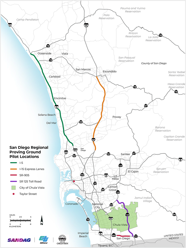 Map of the regionwide pilot locations of the San Diego Regional Proving Grounds that facilitate testing and validating of connected and autonomous vehicle technologies.