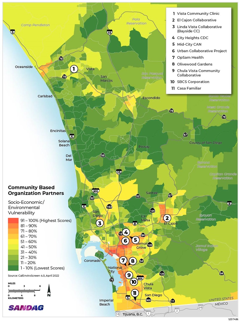 Map of the San Diego region with pins representing 11 community-based organization partners and a color scale showing areas of socio-economic and environmental vulnerability.