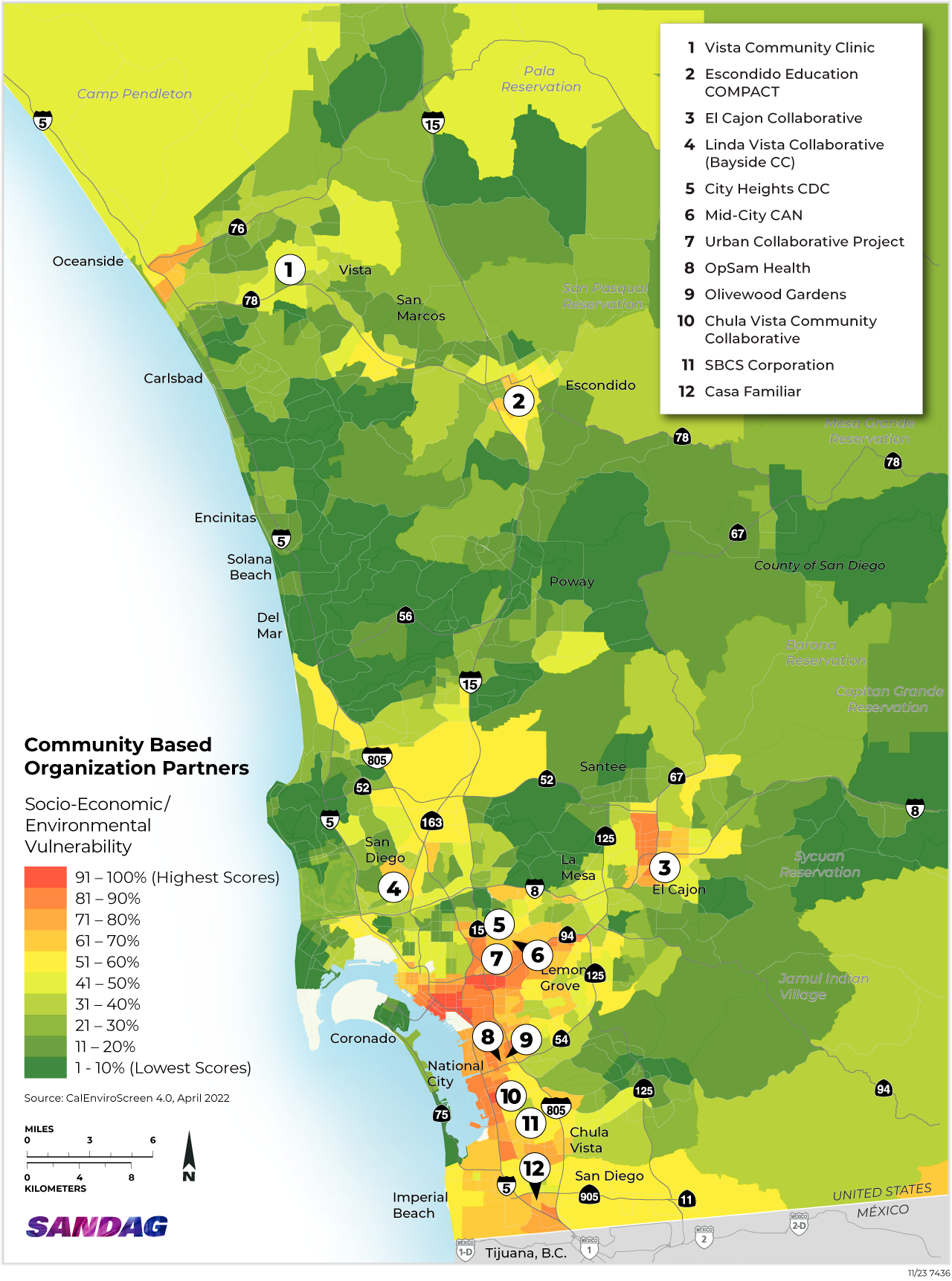 Map of the operating locations of 12 community-based organizations in the SANDAG Social Equity Partner Network in the western third of the San Diego region. The Map is overlaid with gradient shading according to CalEnviroScreen 4.0 scores of pollution burden vulnerability.