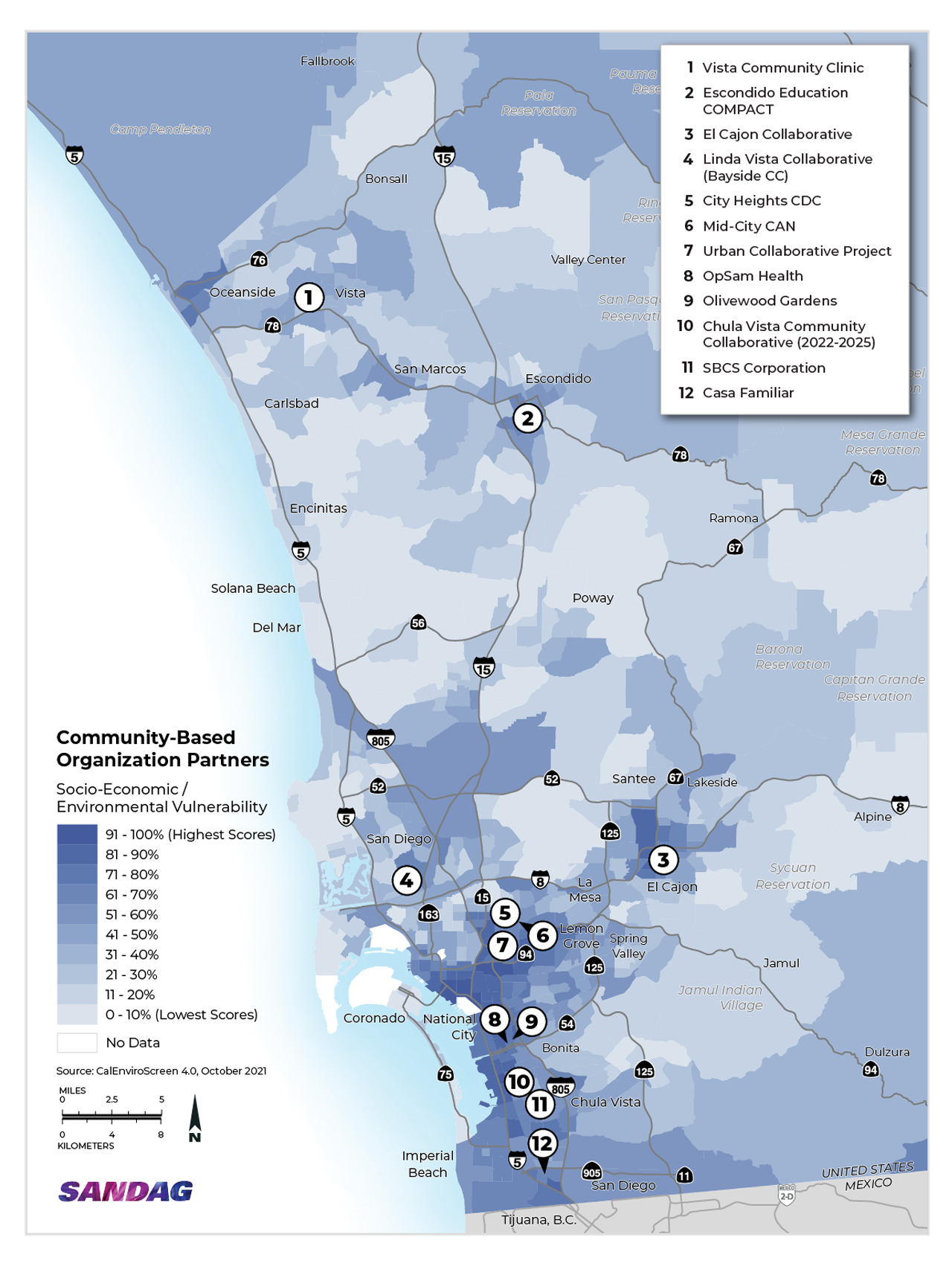 Map of the operating locations of 12 community-based organizations in the SANDAG Social Equity Partner Network in the western third of the San Diego region. The Map is overlaid with gradient shading according to CalEnviroScreen 4.0 scores of pollution burden vulnerability.
