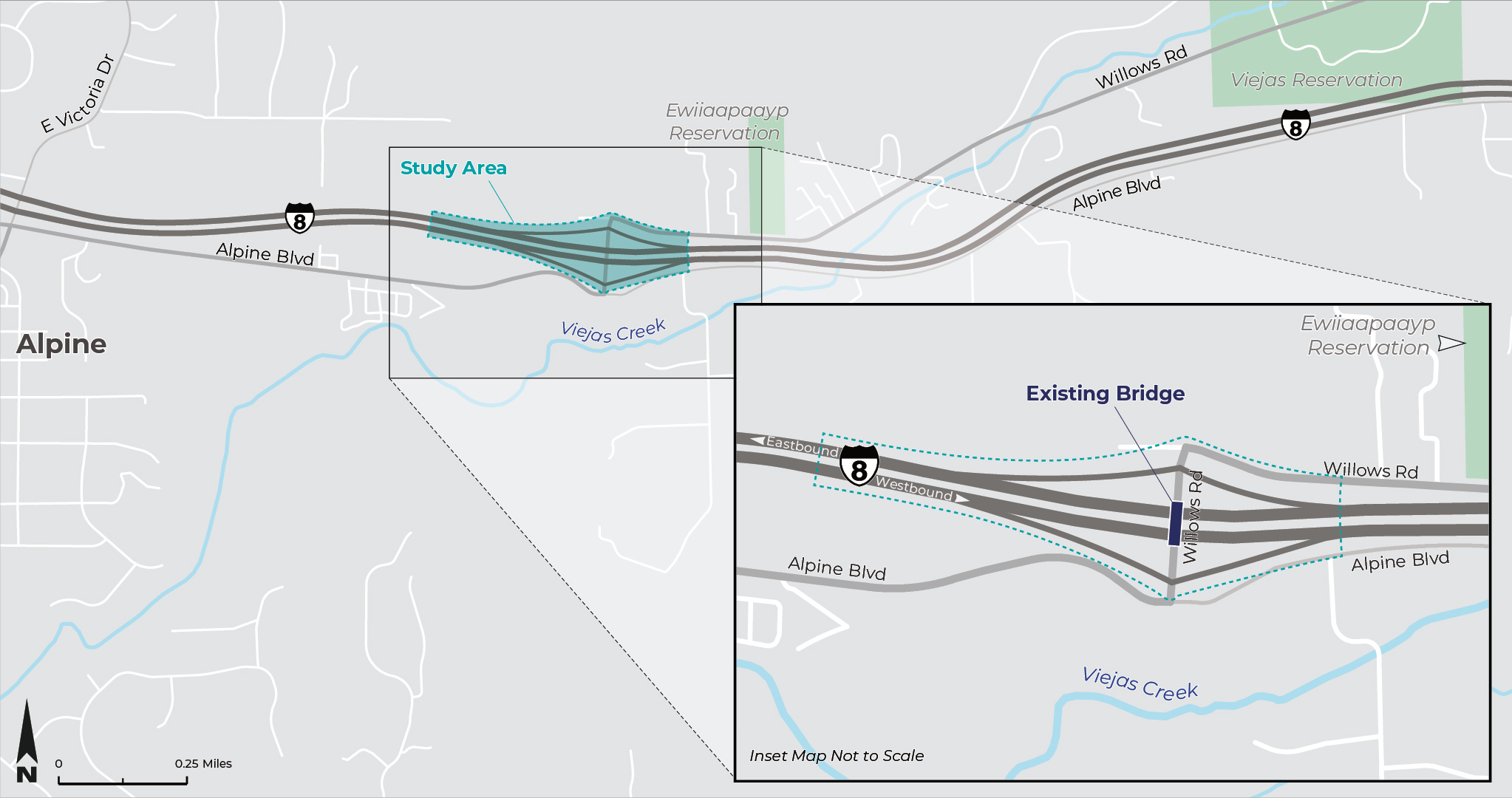 Map showing I-8/Willows Road Interchange project study area including one view that shows the general location of the project between Alpine and the Viejas Reservation and another closer view. The closer view of the project area shows a dotted line around the area, the existing bridge across I-8, and the one and off ramps that lead to the bridge.