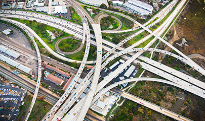 The connection between Interstates 5 and 8 in San Diego, California shot from an elevation of about 300 feet from a chartered helicopter during a photo flight.