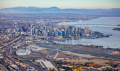 Downtown San Diego Intentional Airport aerial cityscape backdrop